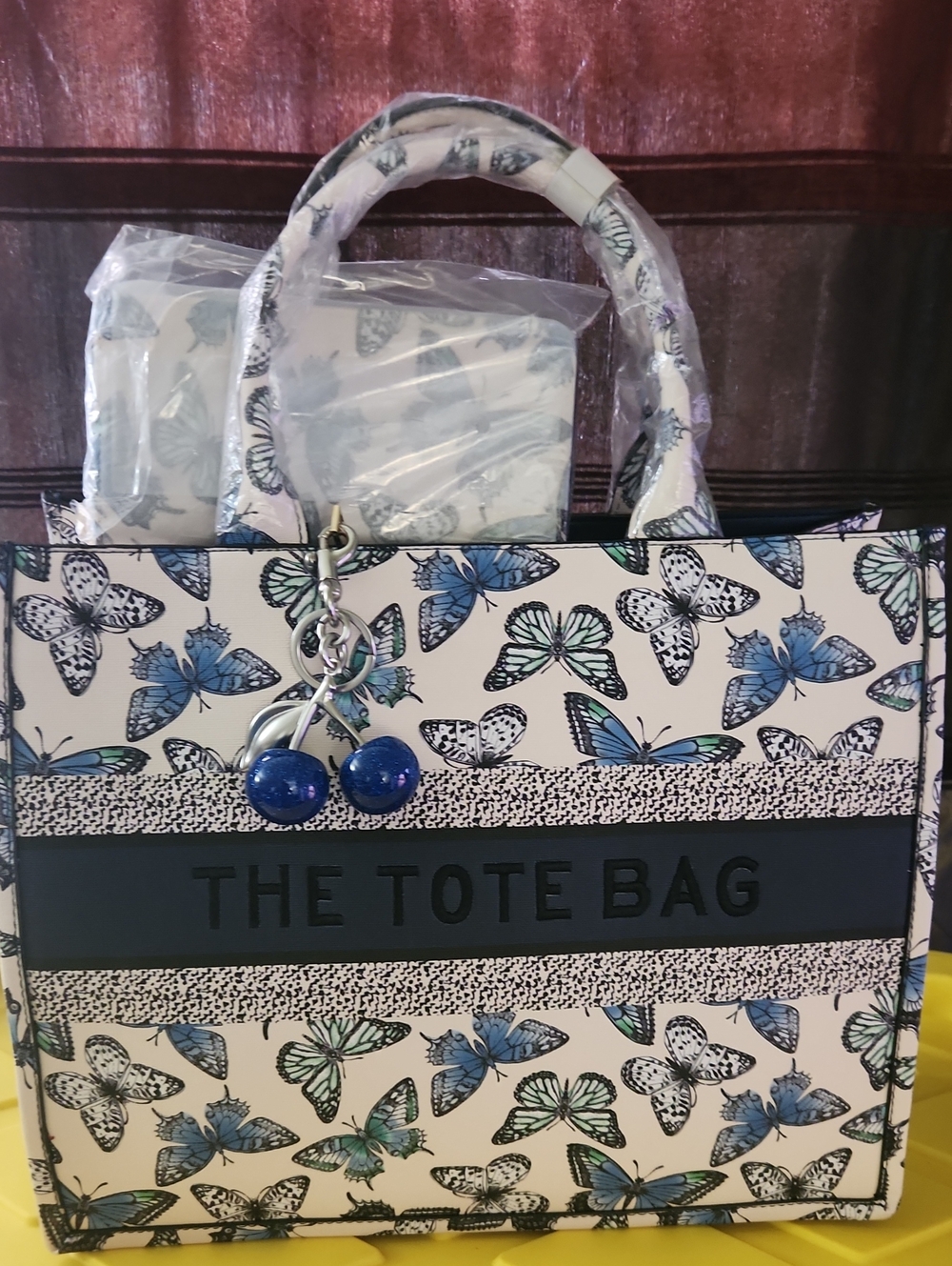 Butterfly Print Tote Bag W/ Wallet And Strap in Beige and Blue - The Tote Bag